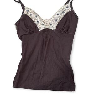 Y2k xhilaration brown and white lace trim cami tank top